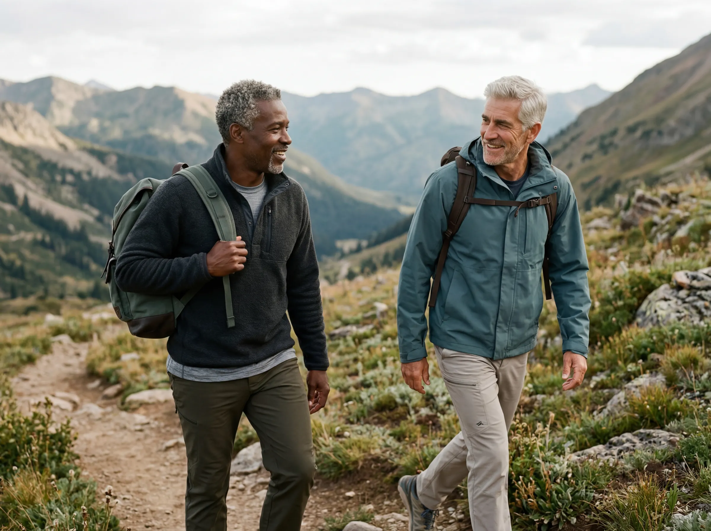 Two men hiking together on a mountain trail