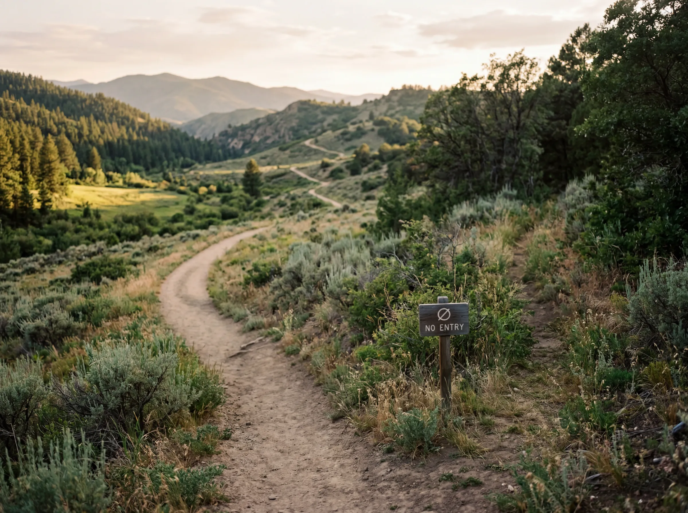 Mountain hiking trail with a no-entry sign